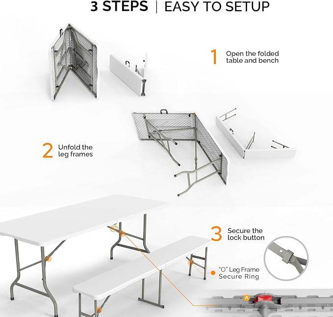 Bonnlo White Folding Picnic Table Set with 2 Benches, 6 Feet Camping Table Chair Set, Modern Portable 3-Piece Furniture for Indoor/Outdoor Use, White Folding Picnic Table with Smooth Tabletop