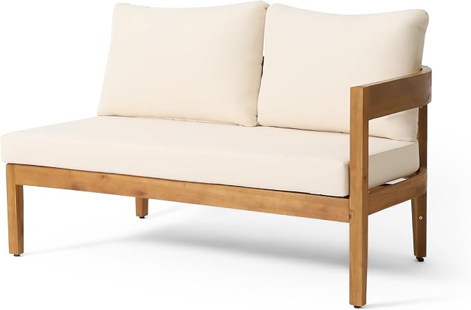 Merax Outdoor 80" Acacia Wood Curved Sectional 5-Seater Sofa, Patio V-Shaped Sofa Couch with Weather-Resistant Cushions for Porch, Lawn, Backyard, Balcony, Teak+ Beige