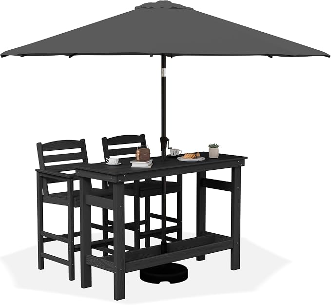SERWALL Outdoor Bar Set with 9ft Umbrella, All-Weather HDPE Patio Bar Chairs and Table, Outdoor Furniture Set, Black (Umbreall Base not Included)