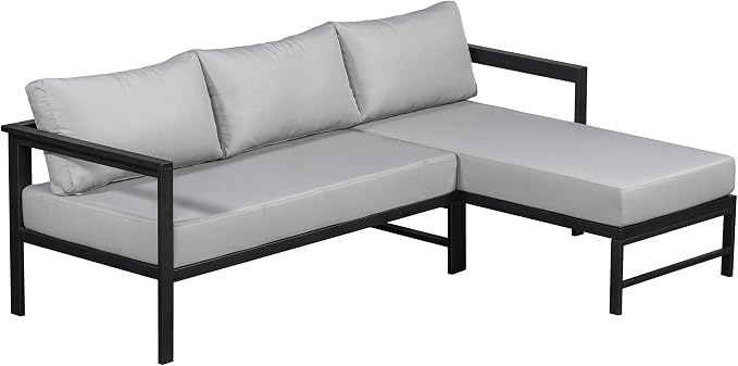 JIVOIT Outdoor L-Shaped Sofa with Iron Frame, Metal Patio Sofa Set with Ultra-Thick Cushions, Comfortable Seating for 3, Ideal for Patio, Balcony and Garden (Gray/35)