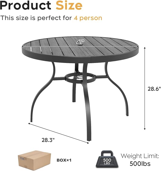 41" Round Outdoor Dining Table for 4, Metal Round Patio Table with Umbrella Hole, All-Weather Outdoor Patio Dining Table for Lawn Garden Deck Backyard (Black)
