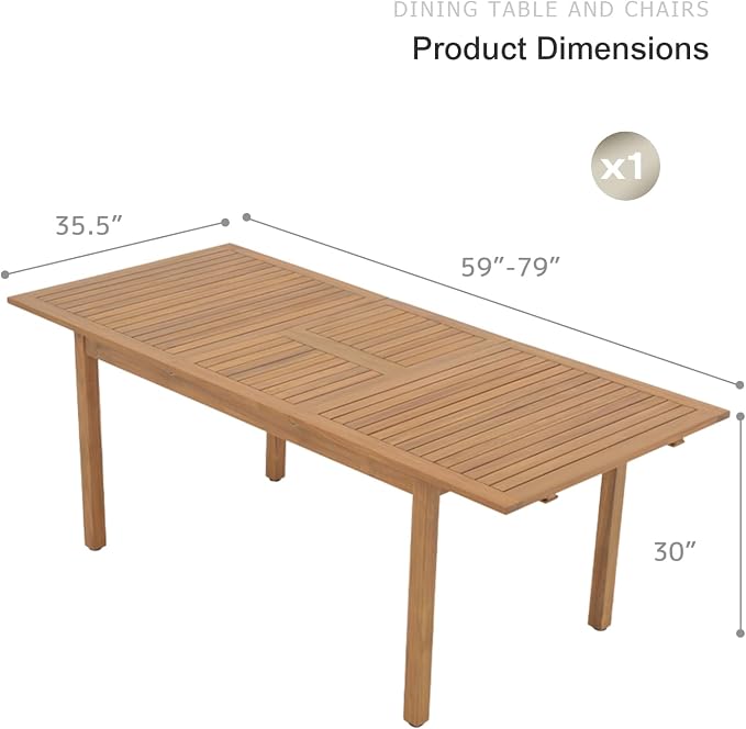 SUNSITT 59"-79" Acacia Wood Patio Dining Table, Large Expandable Outdoor Slatted Table for 6-8 People, Rectangular Outdoor Wooden Dining Table for Patio Lawn Backyard Garden