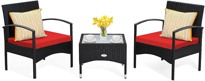Tangkula 3 Pieces Patio Wicker Rattan Furniture Set, Rattan Chair with Coffee Table, High Load Bearing Chair Conversation Sets for Patio Garden Lawn Backyard Pool