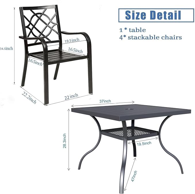 Crownland 5 Piece Outdoor Dining Set, Patio Metal Dining Sets, 4 Stackable Metal Chairs and Square Outdoor Dining Table with Dark Blue 9FT Round Outdoor Umbrella, for Backyard, Garden (Classic Black)