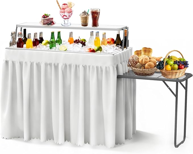 Ice Cooler Folding Table with Metal Side Desktop, Double-Layer Party Chilling Table with Drain and Detachable White Skirt to Keep Drinks Cool, Ice Bar for Weddings, Outdoor, Picnics，Pool
