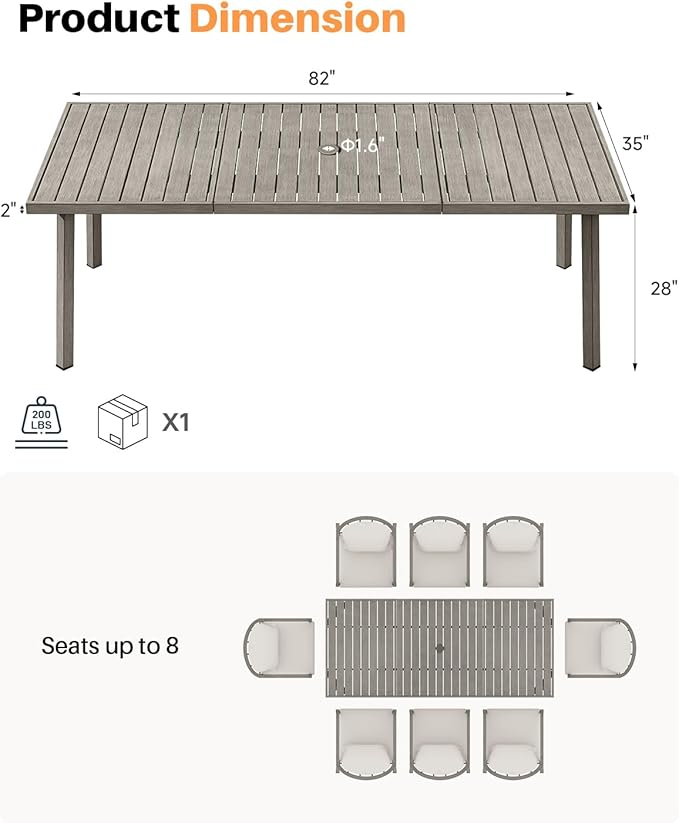 Outdoor Dining Table for 8, Never-Rust Aluminum Patio Dining Table, 82"×35" Large Rectangle Patio Table with Umbrella Hole, Outdoor Table with Wood-Like Texture for Deck, Porch, Gray Oak