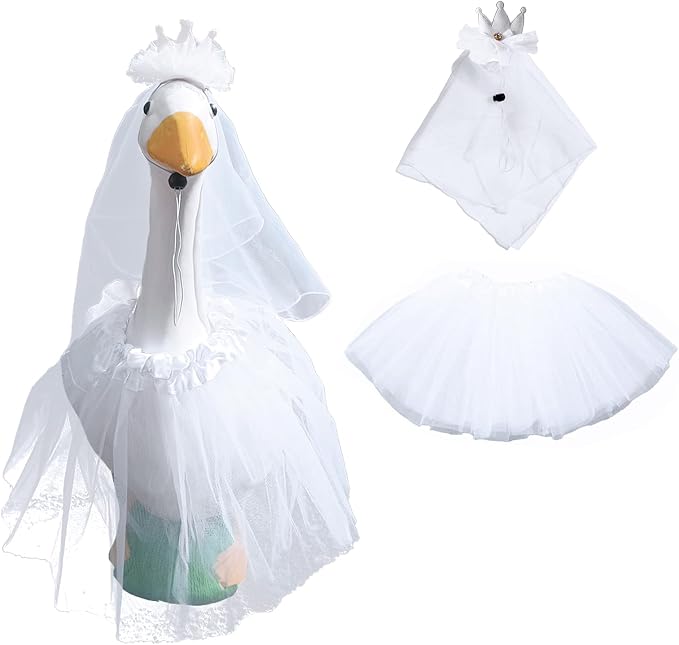 Wedding Porch Goose Outfits, Princess Themed Costume with Crown, Tiara, Veil & Tutu Skirt – Fits 17''/23'' Lawn Goose, White Lawn Decor for Garden & Wedding Events