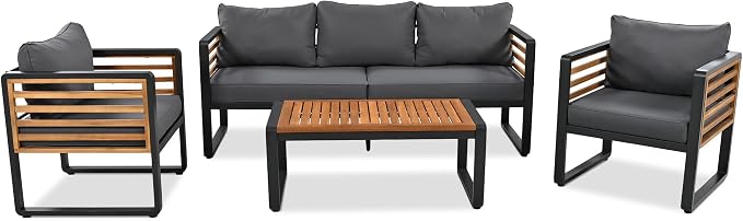 SOFTSEA 4-Piece Patio Acacia Wood Sofa Set, Outdoor Conversation Set with Heavy Duty Metal Frame & All Weather Cushions, Acacia Wood Sofa Set with Coffee Table for Balcony, Poolside, Grey