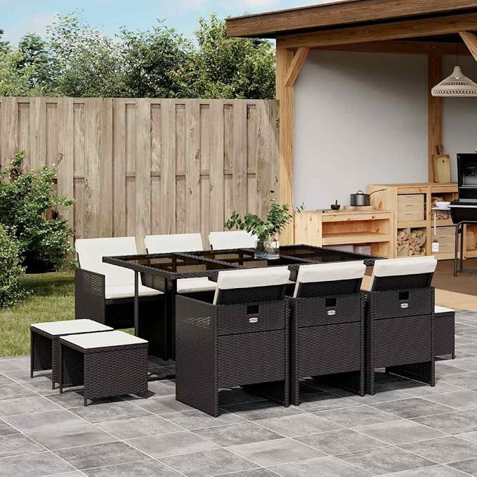 11 pcs Set Modern Garden Dining Set & Dining Table Black Synthetic Poly Rattan Balcony Furniture Dining Set for Garden Terrace Backyard 65.4 x 41.7 x 28.7 in