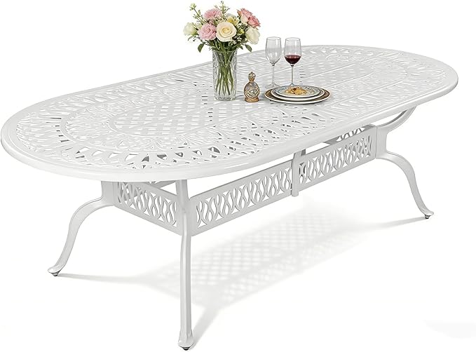 MEETWARM 84"x44" Cast Aluminum Patio Dining Table, Weather-Resistant Large Outdoor Dining Table for 8 Person, Patio Furniture Oval Table with Umbrella Hole and Adjustable Foot Pads, White