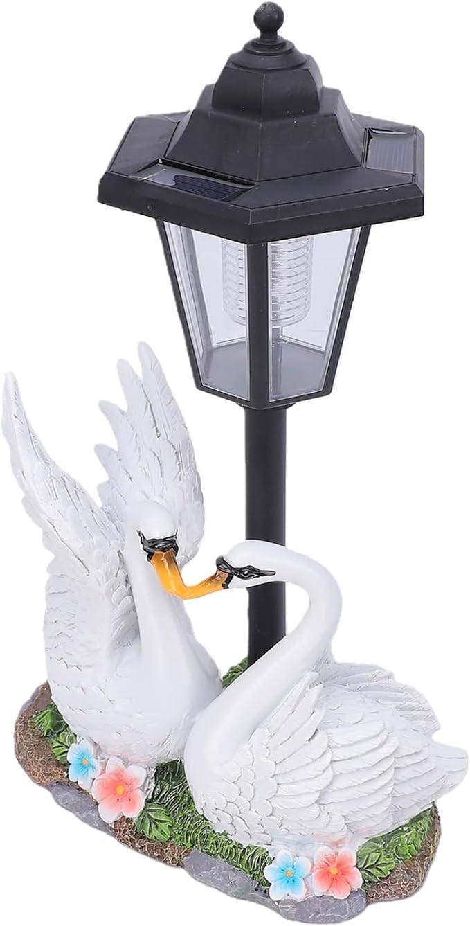Solar Swan Lantern Outdoor Resin Garden Statue | with Solar Powered Warm Light and Stable Base for Patio Lawn Pathway Decor
