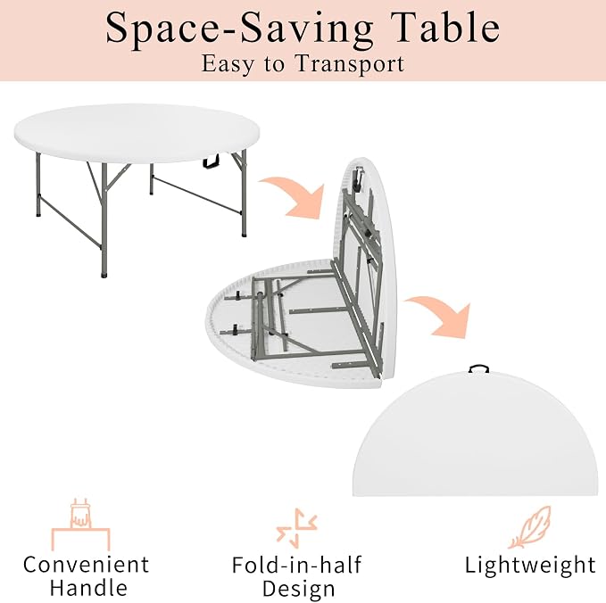 4 FT Round Folding Tables with Carrying Handle Lightweight Portable Plastic Commercial Table Steel Legs for Party, Dining, Wedding, Events, Picnic Indoor, Outdoor (White,1 Pack)