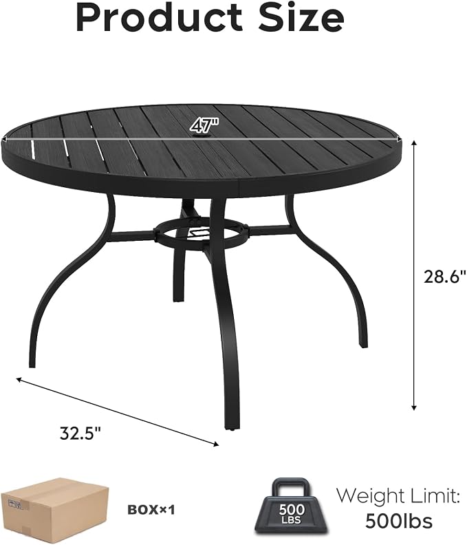 47” Patio Outdoor Dining Table, Wood-Grain Patio Round Table with Umbrella Hole, All-Weather Metal Dining Table for Party, Lawn & Garden