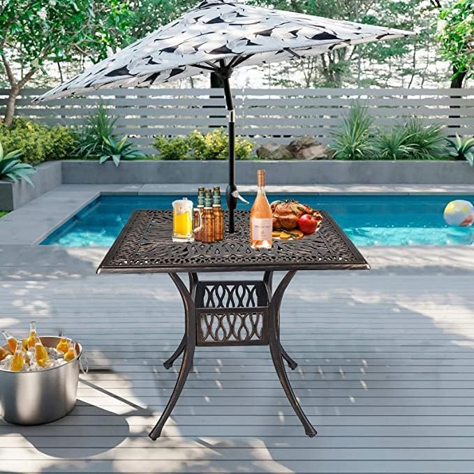 Grepatio 35.4" Square Cast Aluminum Dining Table, Compact Bistro Table with 2" Umbrella Hole Conversation Table, Antique Bronze