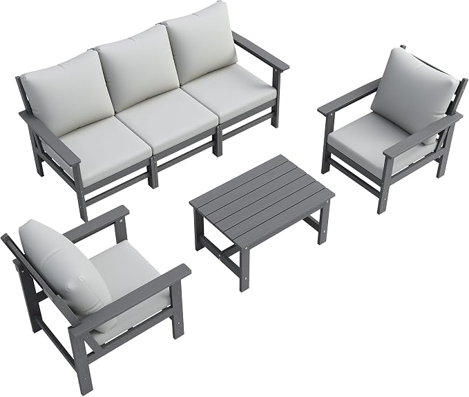 HDPE Patio Furniture Set 6 Piece Outdoor Furniture Sets Modular Sofa Set with Cushion All Weather Patio Conversation Set for Yard Garden Poolside Deck