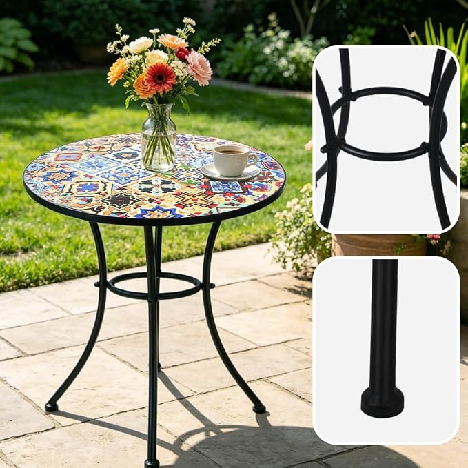 24 Inch Mosaic Patio Round Side Table with Ring Curved Legs Indoor and Outdoor Accent End Table for Yard, Garden, Living Room, Bistro, A - Multicolor Talavera