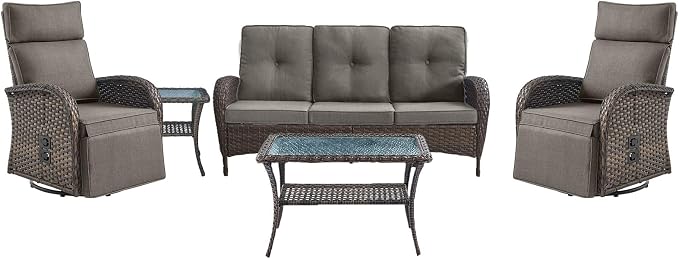 5 Piece Patio Furniture Set with Swivel Recliner Chair - Removable Outdoor Patio Couch Set, Chaise Lounge Chair Outdoor with Adjustable Backrest and Footrest and Coffee Table for Casual Gathering