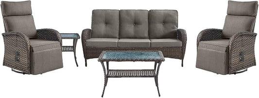 5 Piece Patio Furniture Set with Swivel Recliner Chair - Removable Outdoor Patio Couch Set, Chaise Lounge Chair Outdoor with Adjustable Backrest and Footrest and Coffee Table for Casual Gathering