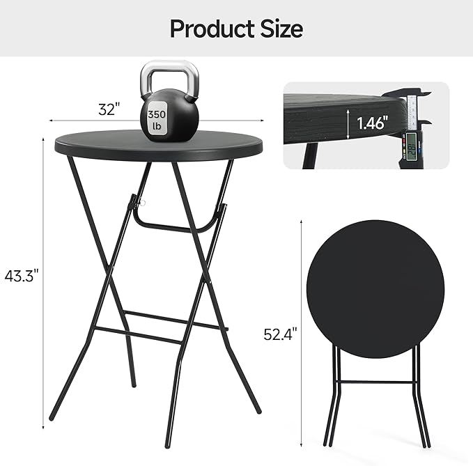 32'' Round Folding Table, HDPE Portable Bar Height Table with Removable Legs for Indoor Outdoor Wedding Event, Gathering, Parties, Commercial Events, Black
