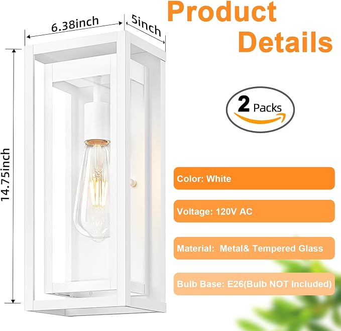 15" Large Outdoor Wall Lights, 2 Pack White Outdoor Light Fixtures, Modern Waterproof Exterior Lighting Sconces with Clear Glass Shade for Front Door, Porch, Garage