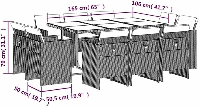 Afuera Living 11 Piece Poly Rattan Patio Dining Set, Black/Cream White Finish, Includes Rectangular Table and 10 High-Back Chairs with Cushions, Weather-Resistant, Foldable Design for Outdoor Garden