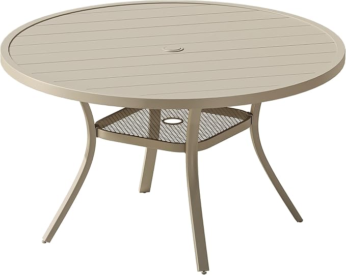 VICLLAX 47.2" Round Patio Table, Outdoor Dining Table for 6 with Umbrella Hole for Garden Lawn Deck Backyard, Sandshell