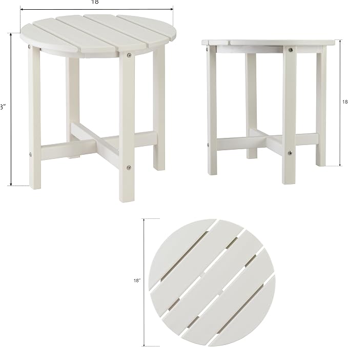 18 Inch Round HDPE Side Table, All-Weather Outdoor End Table for Adirondack Chairs, Waterproof and UV Resistant Plastic Patio Side Table for Garden, Backyard, Poolside, White