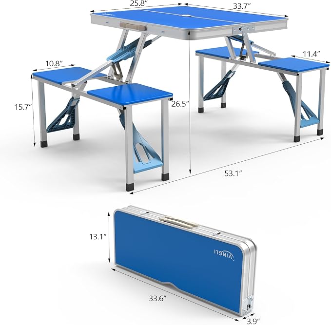 VINGLI 4Ft Portable Folding Picnic Table Camping Table Foldable Set with 4 Seats with Umbrella Hole Suitcase Card Table-220 Lbs Support Aluminum Frame, Plastic RV Tabletop for Yard, Travel-Green