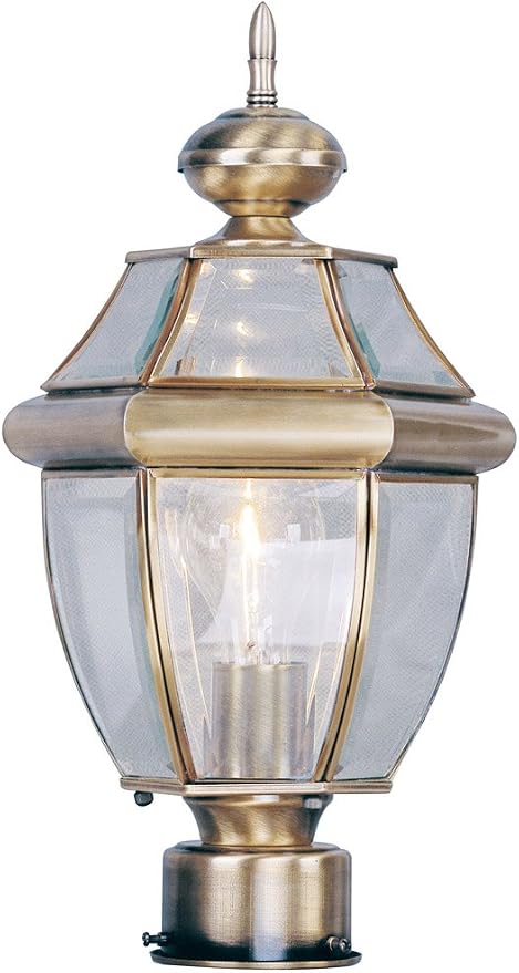 Livex Lighting 2153-01 Post Light Fixture, Antique Brass | Clear Beveled Glass Shades