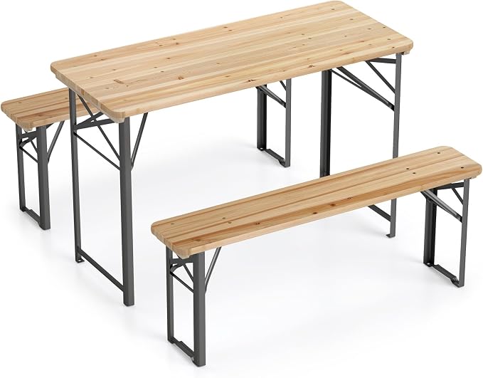 Tangkula 3 Piece Folding Picnic Table with 2 Benches, Foldable Wood Picnic Table Bench Set with Heavy-Duty Metal Frame for 4, Space-Saving Outside Table and Bench Set for Backyard, Patio, Garden