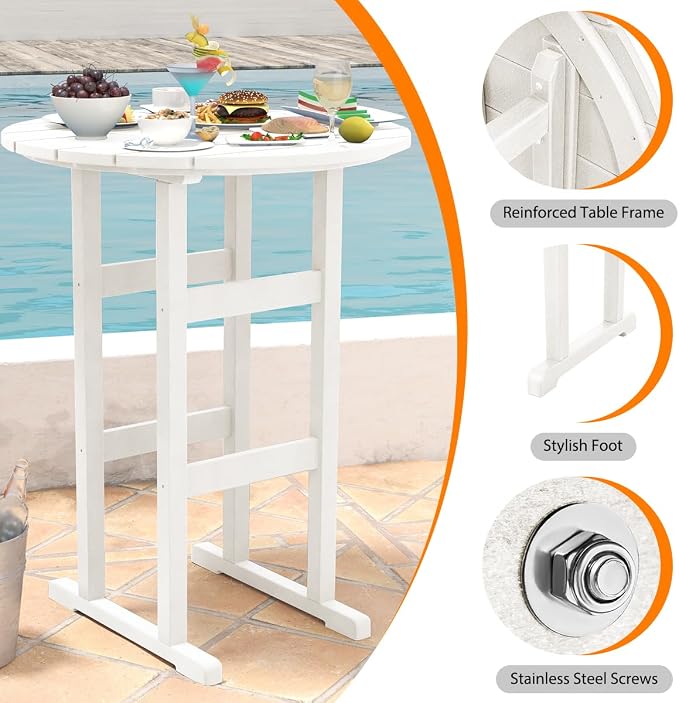 Sundale Outdoor Adirondack Round Bar Table, 39 Inch Height Patio Large Pub Table for 4, All Weather HDPE High Top Bistro Counter Tabl for Outside Deck Porch Balcony Poolside (White)