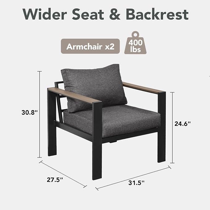 Patio Furniture Armchair Set of 2, All-Weather Patio Sofa with Washable Thick Cushion, Deluxe Aluminum Modern Outdoor Sectional for Porch, Balcony, Deck, Yard, Dark Gray