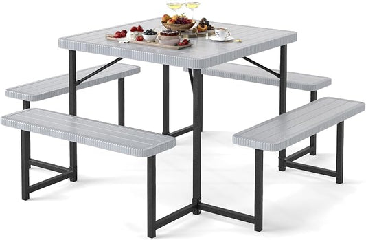 Giantex Picnic Table Bench Set for 4-8 People, 34" Outdoor Square Dining Table & 2 Benches w/Umbrella Hole, HDPE Tabletop, Metal Frame, Patio Camping Furniture for Backyard Porch Lawn (Grey,Square)