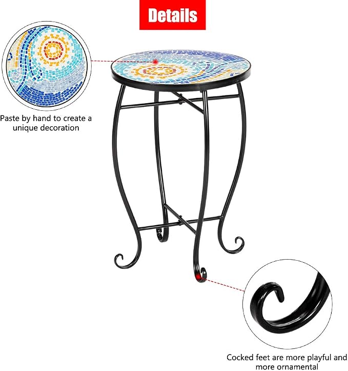 Mosaic Patio Table,Outdoor Side Table,14inch Accent Table Plant Stand Decor, Small Vintage Outdoor End Table with Stained Glass Mosaic & Iron Frame for Patio Garden Balcony Poolside (Sun)