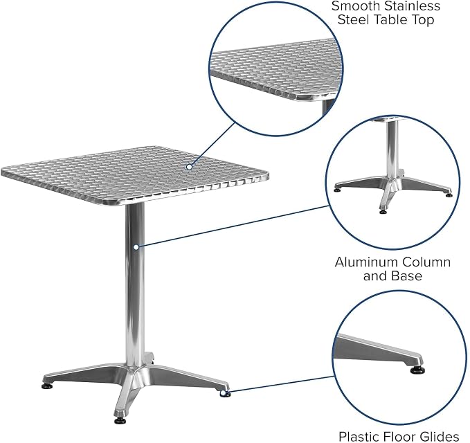 Pemberly Row Square Aluminum and Steel Bistro Table, 23.5 in, Stainless Steel Top, Lightweight Design, All-Weather Indoor/Outdoor Use, Patio Dining Table for Home, Cafe, Restaurant