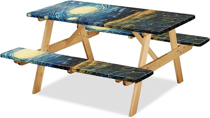 Van Gogh Starry Night Picnic Table Cover with Bench Covers Beach Camping Table Covers for 6 Foot Tables 3 Pcs Picnic Table Bench Covers Camping Essentials for Camper, 94x30 Inches