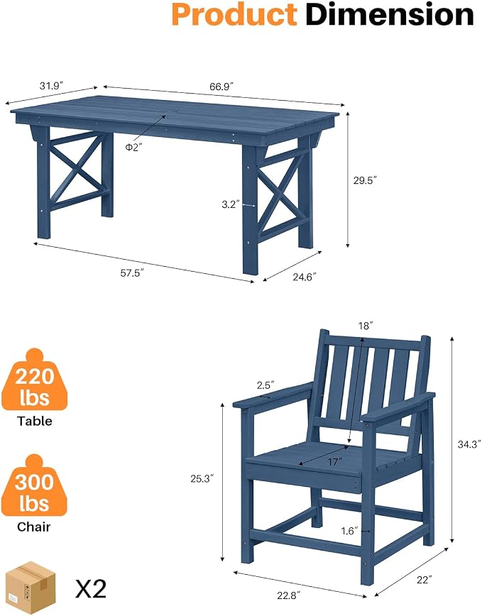 5 Pieces HDPE Patio Dining Set, Outdoor Table and Chairs with Umbrella Hole, Modern Outdoor Dining Set for 4, HDPE Outdoor Patio Furniture Dining Sets for Deck, Poolside, Porch, Navy