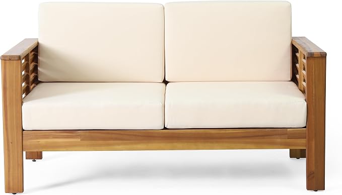 Christopher Knight Home Louver Outdoor Acacia Wood Loveseat and Coffee Table Set with Cushions, Acacia Wood 2 Seater Couch, Slats Panel Coffee Table, Chat Set for Balcony Garden Poolside, Teak+Cream