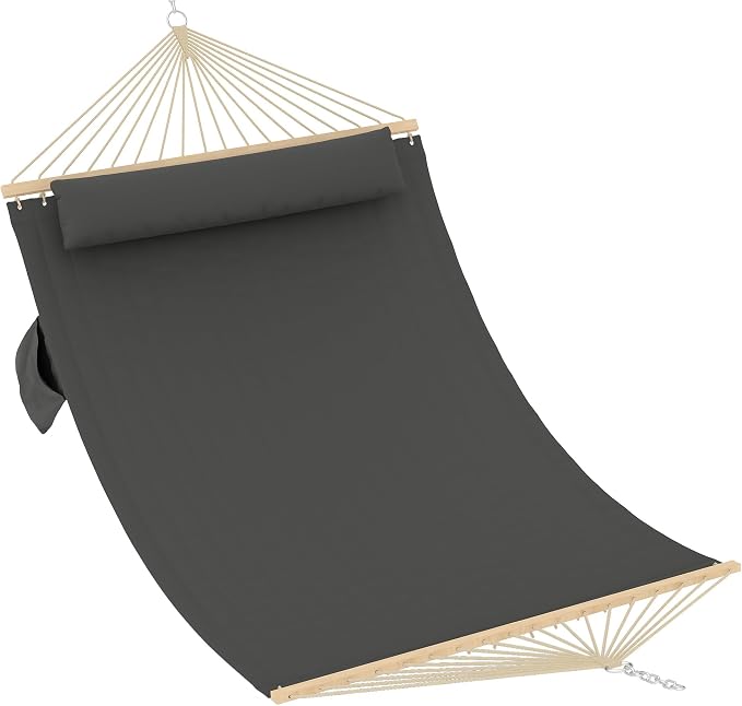Double Quilted Hammock with Spreader Bar, 12FT, Detachable Pillow, 2-Person | cotton-polyester blend, UV-resistant, quick-dry, 450lbs, for patio/backyard/poolside, Dark Gray