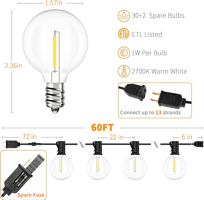 Svater Outdoor String Lights LED 60 FT G40 Patio Globe Light Waterproof | 32 Shatterproof G40 Edison Bulbs, Plug-In, Dimmable, Connectable, Outside Light for Backyard Porch Party Christmas Decorative