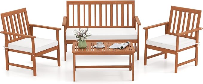 Tangkula 4-Piece Acacia Wood Patio Conversation Set, Outdoor Furniture Set with 2 Armchairs, Loveseat, Coffee Table, Soft Cushions, Slatted Sofa and Chairs Set for Deck, Backyard (Off White,1)