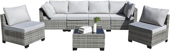 CANMOV 7 Pieces Patio Furniture Sets, All Weather Outdoor Patio Conversation Set, PE Wicker Rattan Sectional Sofa Couch Glass Coffee Table Washable Cushions for Backyard Garden, Poolside, Light Grey