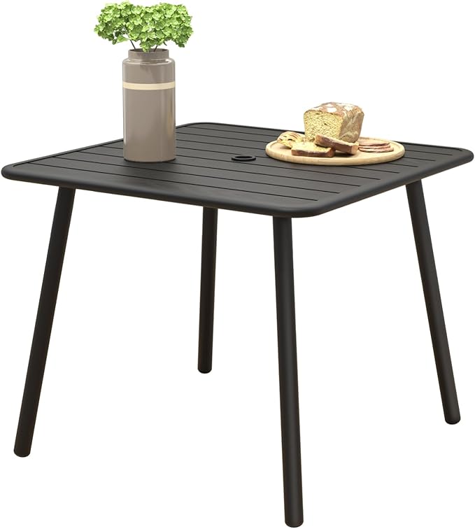 C-Hopetree Square Metal Outdoor Dining Table with Umbrella Hole for Outside Patio, Black