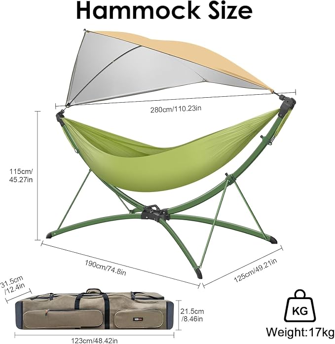 Portable Outdoor Hammock with Quick-Fold Stand,Adjustable Sunshade,Waterproof & UV-Resistant,Heavy-Duty 550lb Capacity,Travel 2-Person Hammock with Storage Bag for Camping,Backyard,Beach,Patio,Indoor