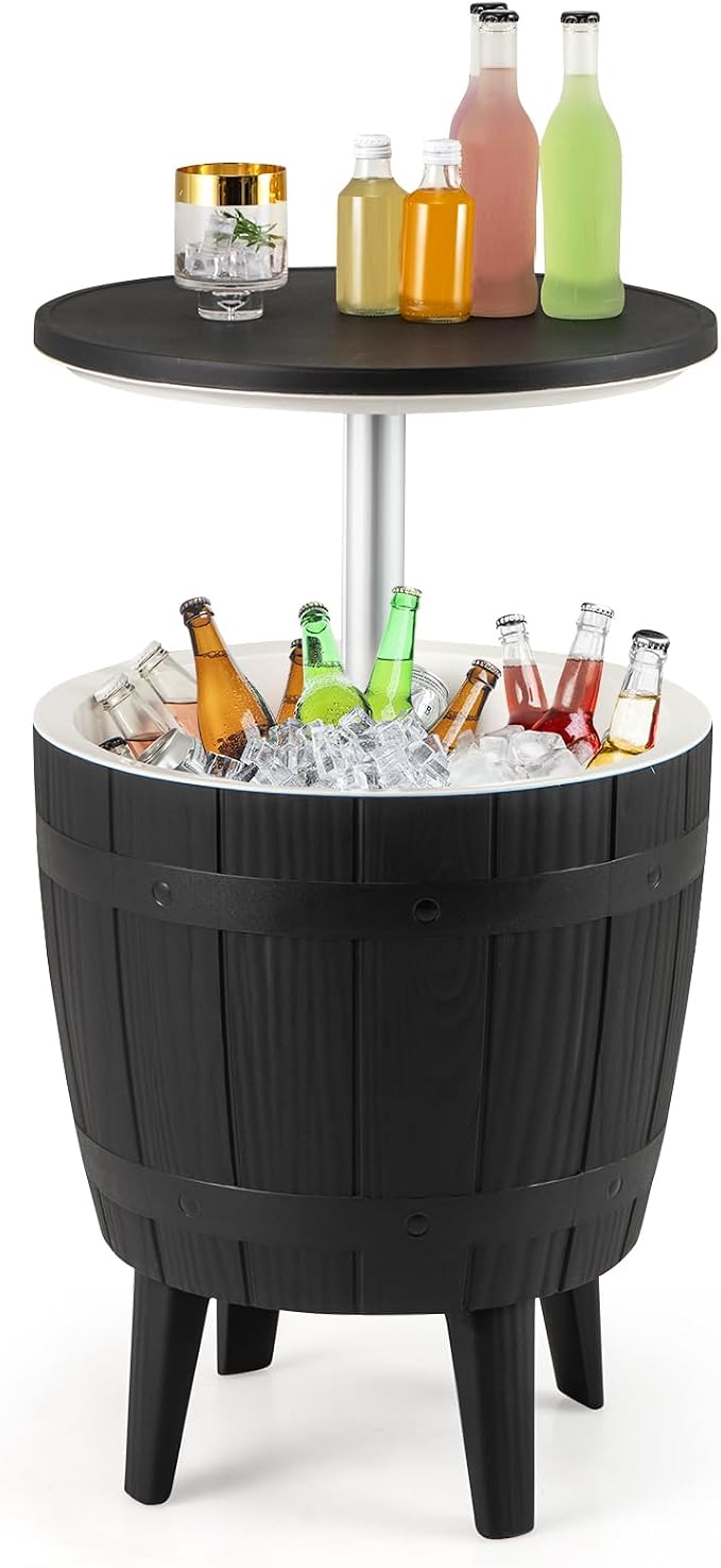 Tangkula 10 Gallon Cooler Bar Table, Outdoor Cooler Side Table w/Telescopic Tabletop, 3-in-1 Coffee Table Ice Bucket for Beer & Wine, All-Weather Cocktail Table for Backyard, Party, Poolside (Black)