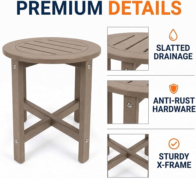 GDFStudio HDPE Outdoor Side Table, Small Patio End Table, All-Weather Round Accent Table for Porch Balcony Deck Poolside, Antique Brown