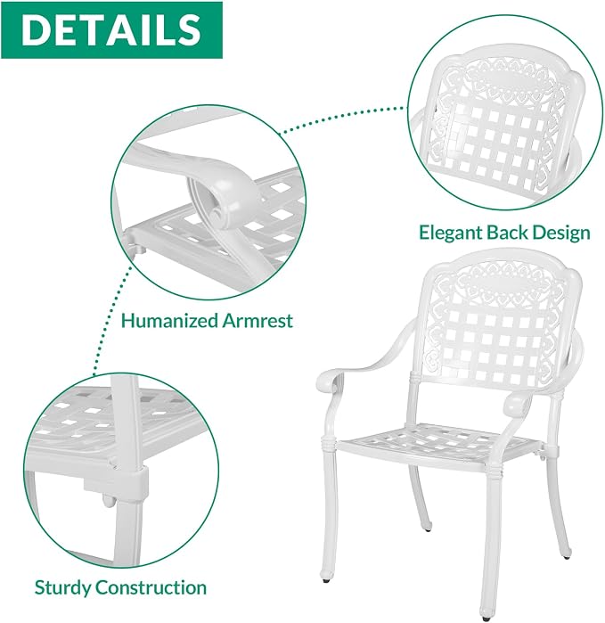 VIVIJASON 3-Piece Outdoor Patio Bistro Set, All-Weather Cast Aluminum Furniture Dining Sets Include 2 Chairs and 35.4" Round Table w/Umbrella Hole for Balcony, Lawn, Garden, Backyard, White