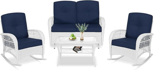 VIVIJASON 4-Piece Outdoor Patio White Wicker Conversation Sets, All Weather Outdoor Rattan Furniture Set Includes Glider Loveseat, Coffee Table, 2 Rocking Chairs with Cushions for Backyard, Navy Blue