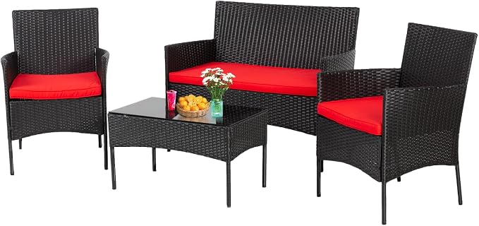 PayLessHere Outdoor Furniture Set 4Pc Modular Patio Furniture Set Water Resistant Conversation Set with 3 Rattan Chairs 1 Tempered Glass Topped Table Seat Cushions for Patio Balcony Poolside, Red