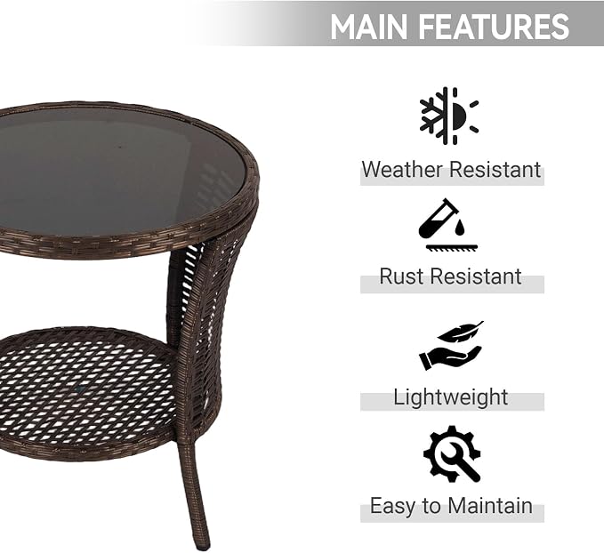 Kinfant Round Outdoor Wicker Side Table - with Tempered Glass Top, Patio End Table with Unique Shape, Storage Shelf for Balcony, Porch, Deck, Garden, Weather-Resistant, Easy Assembly, Black Gold
